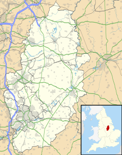 Mapa konturowa Nottinghamshire, na dole po lewej znajduje się punkt z opisem „Katedra św. Barnaby w Nottingham”