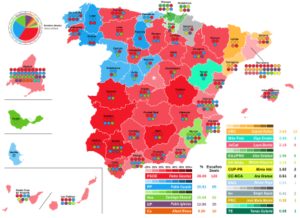 Map of Spain showcasing seat distribution by Congress of Deputies constituency