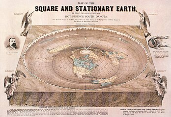 Une carte de la Terre plate antique, dessinée par Orlando Ferguson en 1893. Elle contient plusieurs références à des passages bibliques ainsi que des critiques de la Théorie du Globe. (définition réelle 3 142 × 2 162)