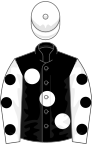 Black, large white spots, white sleeves, black spots, white cap