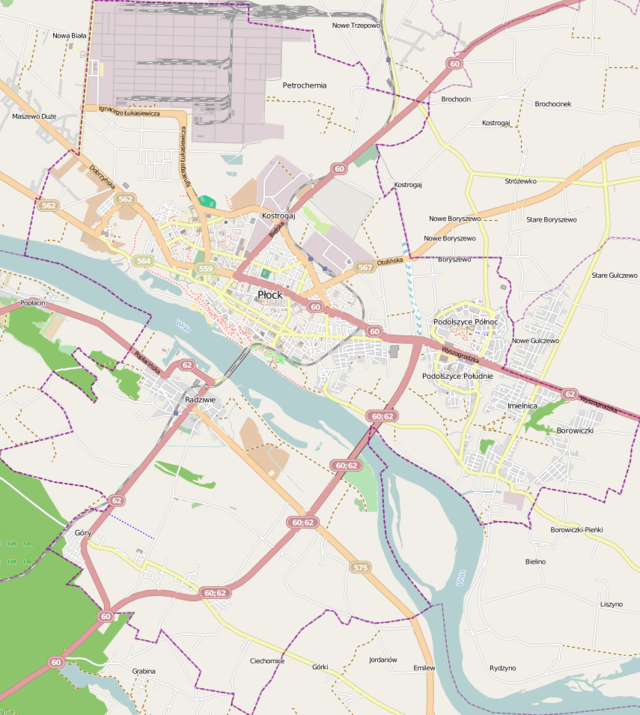 Mapa konturowa Płocka, u góry znajduje się punkt z opisem „ulica Bielska”