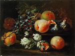 Натюрморт с персиками, виноградом, инжиром и цветами. Между 1700 и 1715. Холст масло. Национальная галерея Словении, Любляна