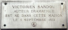 Commemorative plaque at the house in the 4th arrondissement of Paris, where Sardou was born Plaque Victorien Sardou, 16 rue Beautreillis, Paris 4.jpg