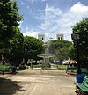 The ''plaza'' in the ''pueblo'' has a fountain and shady areas with benches. The historic church faces the plaza.