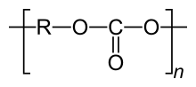 Allgemeine Struktur von Polycarbonaten. R steht für den „Rest“ der zur Synthese eingesetzten Dihydroxyverbindung.