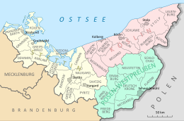 Districts of the province of Pomerania (1939) with the Posen-West Prussia government region shown in Green. Pomerania counties 1939 map.svg