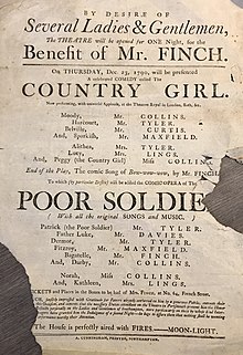 Playbill for a 1790 performance of the opera at Theatre Royal, Southampton Poster for a Southampton performance of the play 'The Country Girl'.jpg