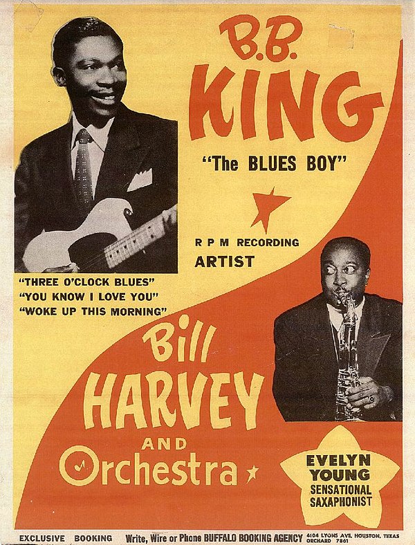 Poster of B. B. King and Bill Harvey and Orchestra with a photo of King holding his guitar and Evelyn Young playing saxophone