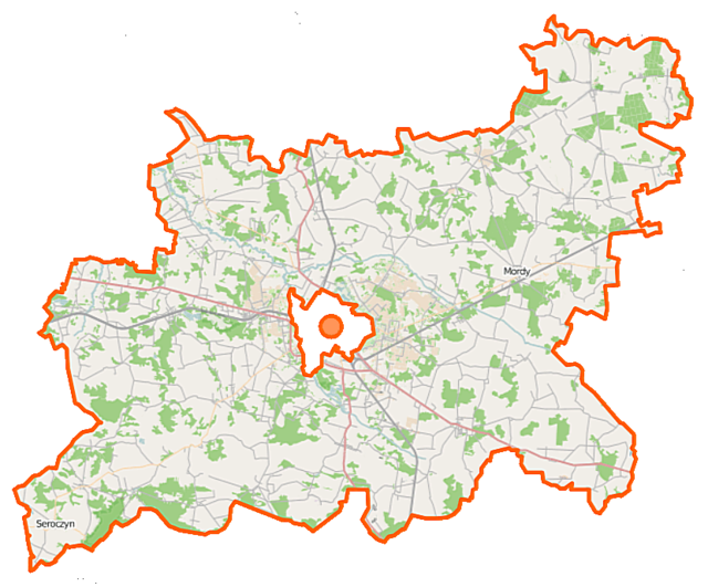 Mapa konturowa powiatu siedleckiego, po prawej znajduje się punkt z opisem „Mordy”