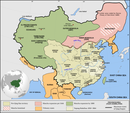The Qing Empire in 1820; Inner and Outer Mongolia became a part of the empire between 1636 and 1697.