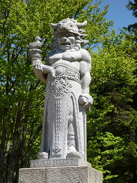Statue of the Slavic god Radegast, made by the sculptor Albin Polasek, on Mount Radhošť, Moravian-Silesian Region. It is object of pilgrimage and worship for local Rodnovers, who also believe that its temporary removal for restoration in 2002 caused the flood which hit Moravia that year.[13]