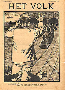 A famous cartoon by Albert Hahn in the socialist paper Het Volk. It reads: "The whole machinery stops, if your mighty hand wills it so" Raderwerkstil.jpg