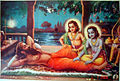 Rama (r) and Lakmana (c) pressing feet of their guru Vishvamitra (l) at his ashram.