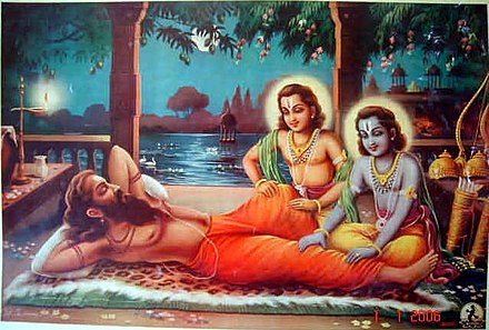 Ram and Lakshman perform guru-seva by pressing Vishvamitra's feet and legs (bazaar art, mid-1900's)