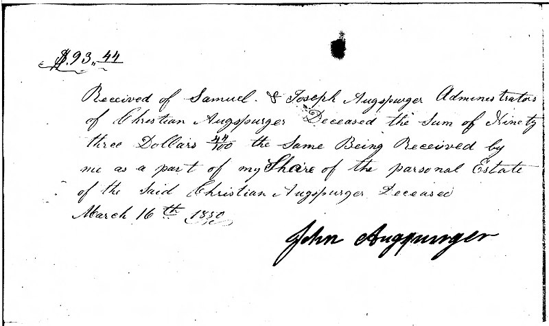 File:Receipt from John Augspurger to the Estate of Christian Augspurger, 1850 March 16 - DPLA - 9b891683d4964377b9e3fecc097b64bb.jpg