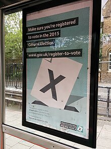 Advertisement in London publicised by the Electoral Commission encouraging voter registration ahead of the 2015 general election Register to vote poster Archway 7 May 2015.jpg