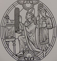 Carton en noir et blanc d'un vitrail ; un évêque agenouillé présente une verrière.