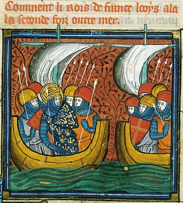 Florent, lord of Varennes, on the 2nd boat, with his shield "Gules a Cross Or", heading to the Crusade