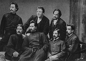 Bunin (bottom row, second from right), with fellow members of the Moscow literary group Sreda; From top left: Stepan Skitalets, Feodor Chaliapin and Yevgeny Chirikov; from bottom left: Maxim Gorky, Leonid Andreyev, Ivan Bunin, and Nikolay Teleshov. 1902