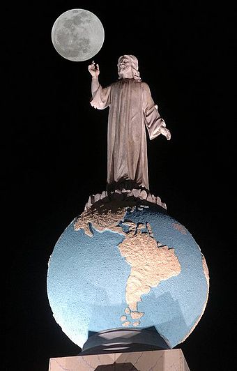 The iconic statue of Christ on the globe sphere of planet earth is part of the Monumento al Divino Salvador del Mundo ('Monument to the Divine Saviour of the World') on Plaza El Salvador del Mundo ('The Saviour of the World Plaza'), a landmark located in the country's capital, San Salvador.