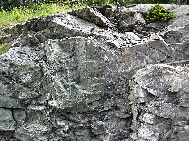 File:Sandorite intrusive contact with country rock (Sandor Dike, Neoarchean, 2.703 Ga; Route 17 roadcut northeast of Wasp Lake & north of Wawa, Ontario, Canada) 8 (48342233931).jpg