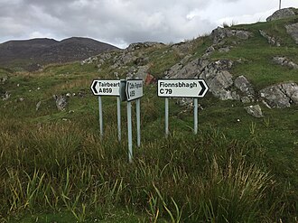 Monolingual Gaelic direction sign, at Rodel (Roghadal) on Harris in the Outer Hebrides Scottish Gaelic road sign on Harris.jpg