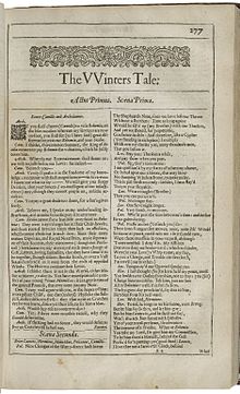 The first page of The VVinters Tale, printed in the Second Folio of 1632 Second Folio Title Page of The Winter's Tale.jpg