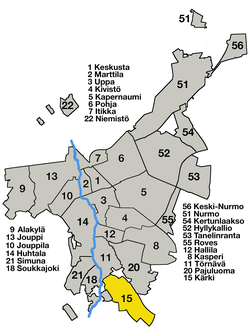 Kärki (15) sijaitsee Seinäjoen keskustasta (1) etelään.