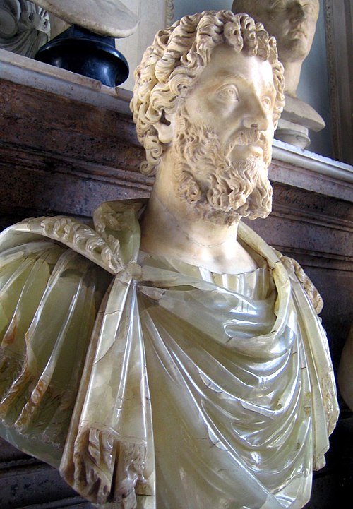 Alabaster artefact: A composite bust of the Emperor Septimius Severus; the head is marble and the bust is alabaster.