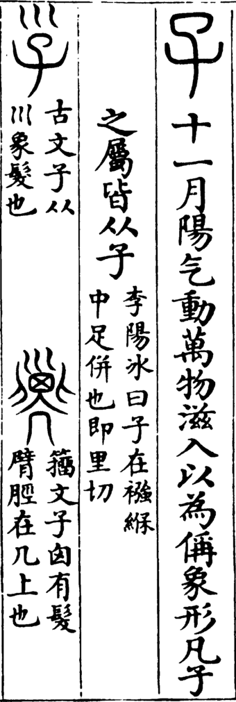 Entry for 子 zǐ "child", showing the small seal form (top right), with the "ancient script" and Zhòuwén forms on the left[2]