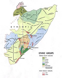 mapo de la etnaj grupoj en Somalio 1977; etnaj minoritato, inter ili ŝidloj, ruĝe