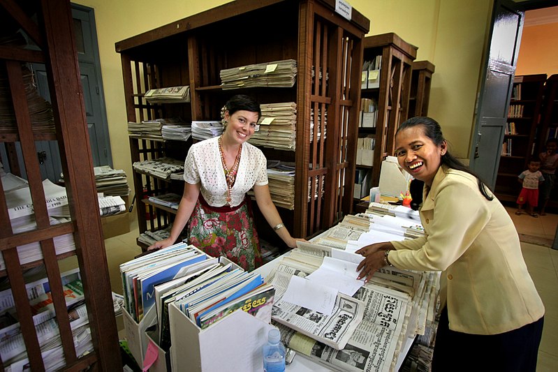 File:Sorting and cataloguing – australian volunteer Louise Barber with Chack Tuoch from the National Library of Cambodia. 2005. Photo- Kevin Evans (10722189116).jpg