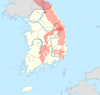 태백산맥·소백산맥의 두 산맥과 한강·낙동강·금강의 세 강이 특별히 표시된 지도 South Korea location map with taebaek sobaek mountains and three rivers marked.svg