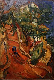 Peinture d'un paysage escarpé où apparaît sur la gauche un chemin orange en escalier, que gravit un personnage