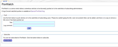 The special:povwatch page itself, showing where to add pages to watch and the ability to subscribe.