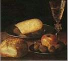 Sebastian Stoskopff Stillleben mit Käse, Brötchen und Wein, 1. Hälfte 17. Jahrhundert, Öl auf Leinwand, 28,5 × 31,5 cm, Musée des beaux-arts André Malraux, Le Havre