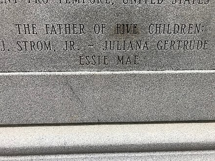 In the text accompanying Strom Thurmond's statue at the Statehouse grounds, the phrase: "The father of four children", had the "four" replaced with "five" after Thurmond's fatherhood of Essie Mae Washington-Williams became public.