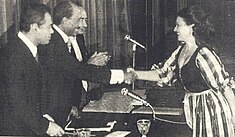 Soad Hosny shaking hands with President Anwar Sadat, c. 1979 Suad Husni honored by Sadat.jpg