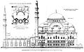 Mosquée ottomane (mosquée Süleymaniye): élévation de la façade latérale précédée de la cour encadrée par les minarets, et plan.