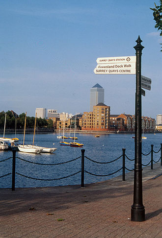 Greenland Dock, Surrey Quays in the 1990s SurreyQuayssign.jpg