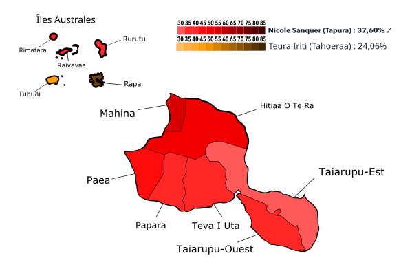 Résultats par communes ou îles au 1er tour.