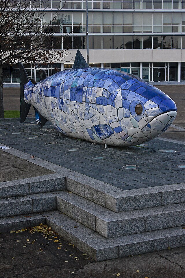 Salmo de Scio, skulptaĵo en Belfast. La fiŝo estas reprezento de saĝeco, Ĉar tiu fiŝo posedus ĉiujn sciojn de la mondo, ĝi ankaŭ estus pli saĝa ol la homo.