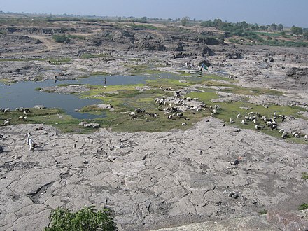 Dried up Godavari exposing flood basalt river bed as seen from the back of Changdev temple in Puntamba
