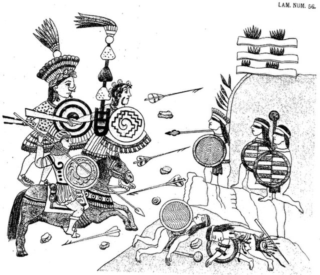 Frame 56 of the Lienzo de Tlaxcala showing the conquest of the town of Tlaltenanpan