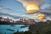 The Cordillera del Paine and Lake Pehoe Torres del Paine sunset.jpg