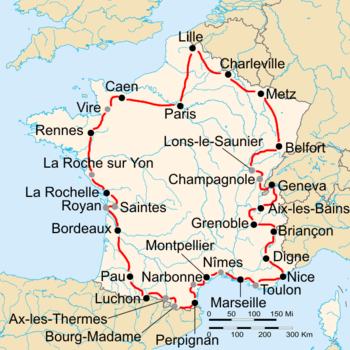 Map of France with the route of the 1937 Tour de France