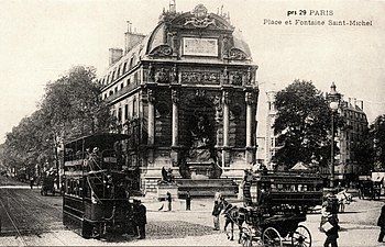 Place et fontaine Saint-Michel, tramway à air comprimé Mékarski vers 1900.