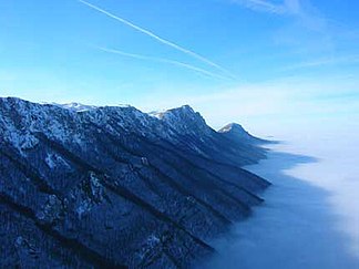 The Suva Planina with Trem and Sokolov Kamen (right) in winter