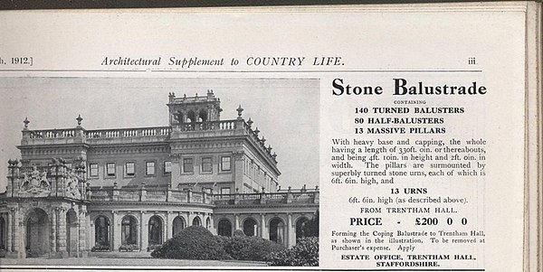 Advertisement for the roofing balustrade and urns from the demolished Trentham Hall