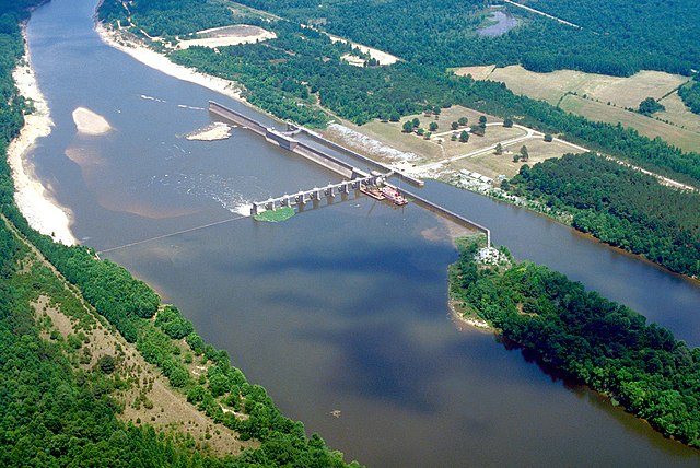 Coffeeville Lock and Dam on the Tombigbee River near Coffeeville, Alabama. Coffeeville is the last lock and dam down the Tombigbee River to the Gulf o